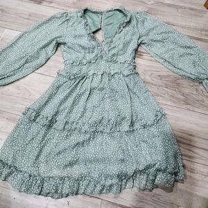 Green Long Sleeve Ruffle Dress